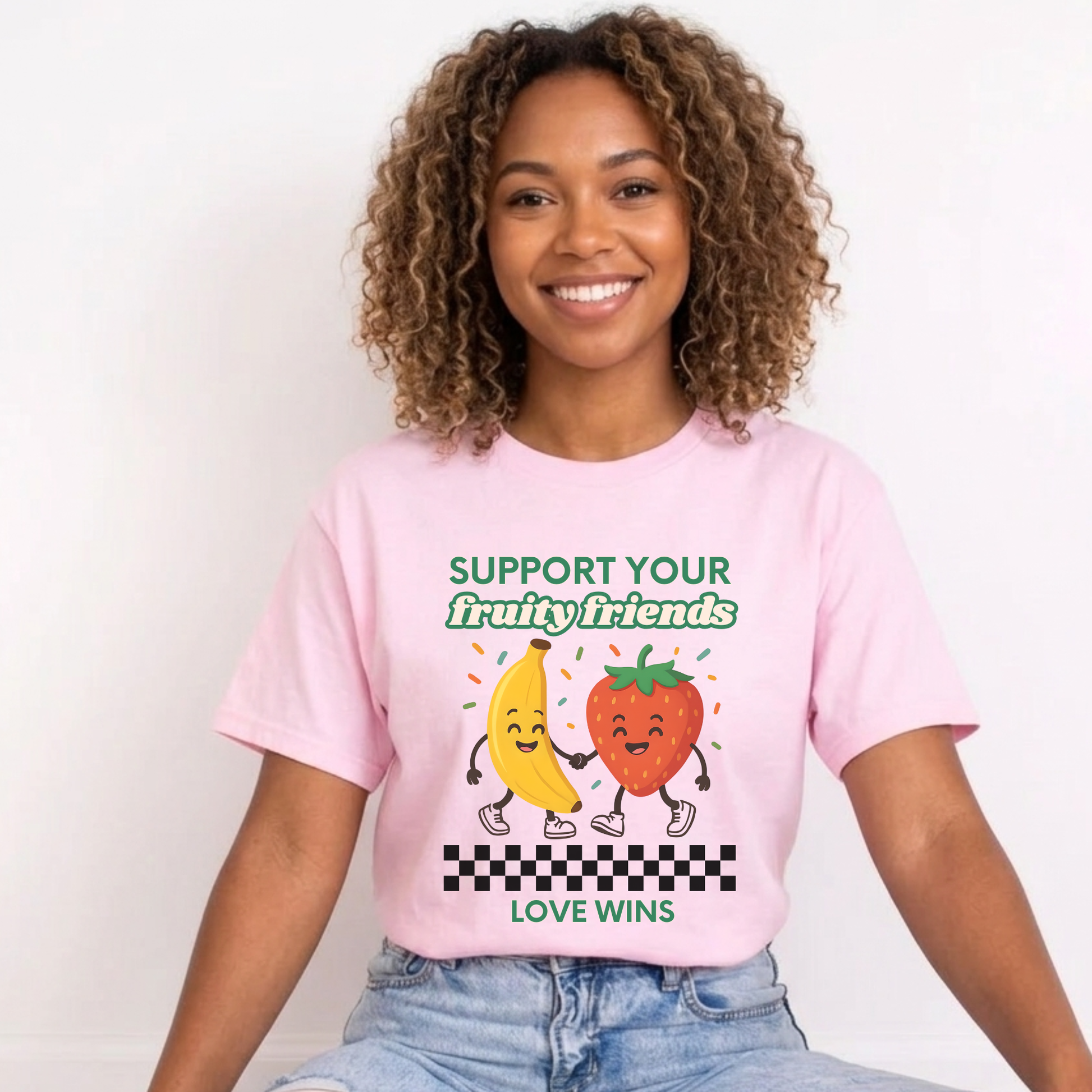 Support Your Fruity Friends shirt featuring a smiling banana and strawberry holding hands with the words Love Wins and a playful LGBTQ2S+ ally message. Support Your Fruity Friends Shirt, LGBTQ Pride Shirt, Love Wins Shirt, Pride Ally Shirt, LGBTQ2S+ Apparel, Funny Pride Shirt, Inclusive Clothing, Ally Support Shirt, Rainbow Pride Tee, Pride Gift Idea