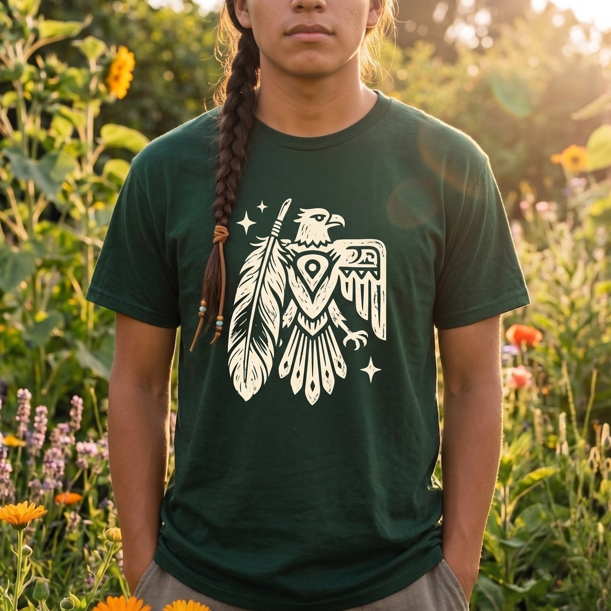 Thunderbird Feather graphic t-shirt featuring a cream-colored bird and feather illustration on a shirt. Thunderbird Shirt, Feather Shirt, Eagle Graphic Tee, Indigenous Inspired, Nature Shirt, Forest Green Tee, Graphic T-Shirt, Symbolic Art, Outdoor Apparel, Cultural Apparel, Unisex Shirt, Wilderness Style, Native Inspired Art, Bird Graphic Shirt, Heritage Design, Statement Tee, Gift For Nature Lover, Outdoor Lifestyle, Spiritual Symbolism, Casual Graphic Tee
