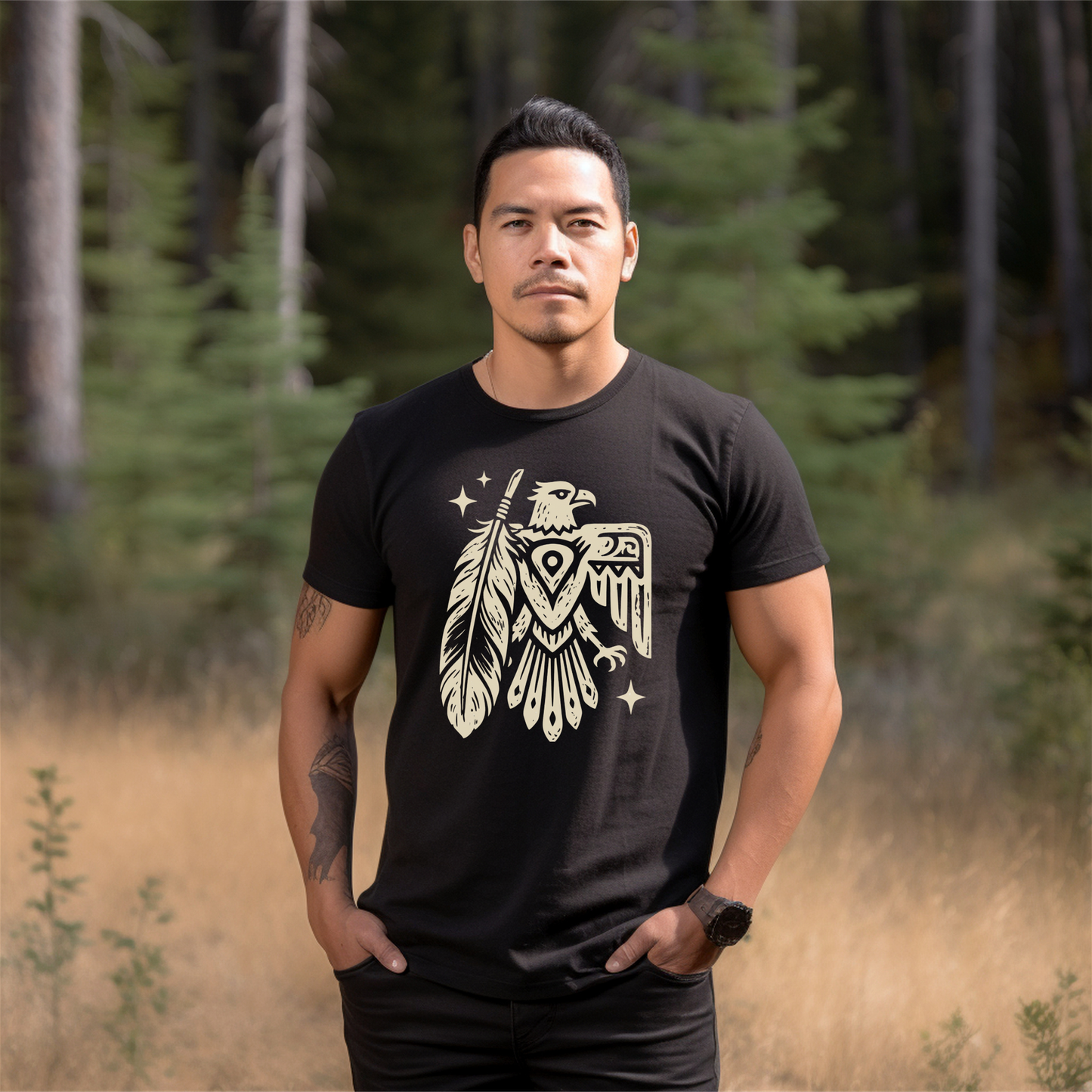 Thunderbird Feather graphic t-shirt featuring a cream-colored bird and feather illustration on a shirt. Thunderbird Shirt, Feather Shirt, Eagle Graphic Tee, Indigenous Inspired, Nature Shirt, Forest Green Tee, Graphic T-Shirt, Symbolic Art, Outdoor Apparel, Cultural Apparel, Unisex Shirt, Wilderness Style, Native Inspired Art, Bird Graphic Shirt, Heritage Design, Statement Tee, Gift For Nature Lover, Outdoor Lifestyle, Spiritual Symbolism, Casual Graphic Tee
