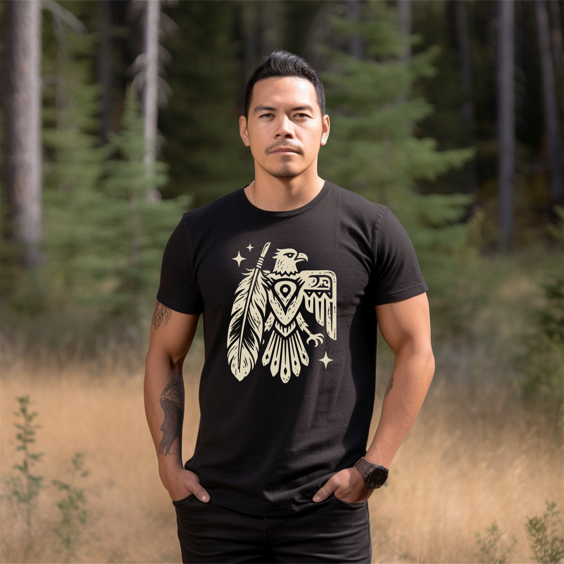 Thunderbird Feather graphic t-shirt featuring a cream-colored bird and feather illustration on a shirt. Thunderbird Shirt, Feather Shirt, Eagle Graphic Tee, Indigenous Inspired, Nature Shirt, Forest Green Tee, Graphic T-Shirt, Symbolic Art, Outdoor Apparel, Cultural Apparel, Unisex Shirt, Wilderness Style, Native Inspired Art, Bird Graphic Shirt, Heritage Design, Statement Tee, Gift For Nature Lover, Outdoor Lifestyle, Spiritual Symbolism, Casual Graphic Tee