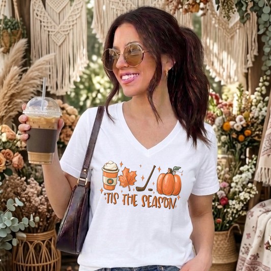 Hockey Mom V Neck, Hockey V Neck Shirt, Hockey Mom Shirt, Fall Hockey Shirt, Tis The Season Shirt, Hockey Season Shirt, Pumpkin Hockey Shirt, Pumpkin Spice Shirt, Fall V Neck, V Neck T Shirt, Hockey Mom, Hockey Family, Hockey Mom Gift, Rink Mom, Rink Life, Hockey Life, Hockey Season, Sports Mom Shirt, Fall Hockey, Pumpkin Season, Hockey Gift, Indigenous Owned, Canadian Indigenous Business, Sahdeh Spruce