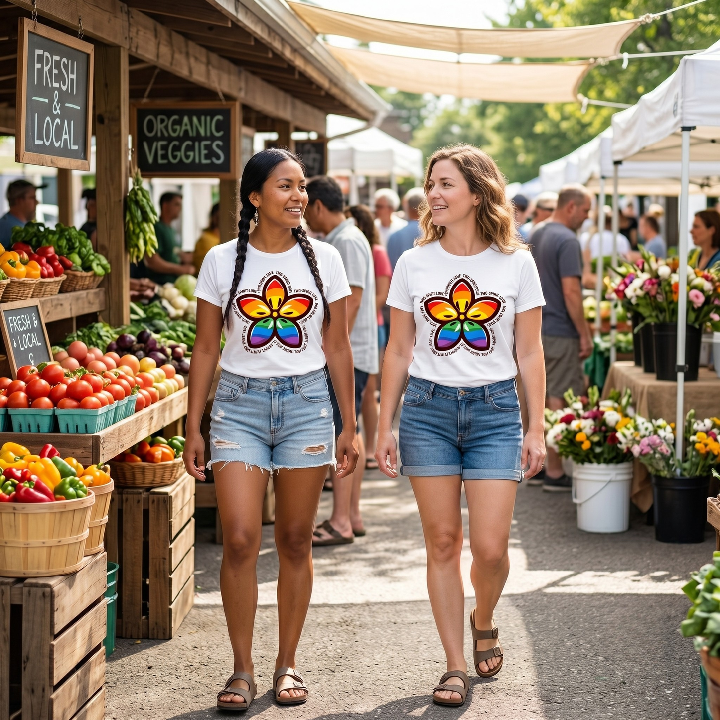 Indigenous-inspired floral design featuring rainbow Pride colours and the words Two-Spirit Love arranged around the flower symbolizing LGBTQ2S+ and Indigenous pride. Two-Spirit Love Shirt, Two-Spirit Pride Shirt, Indigenous Pride Apparel, LGBTQ2S+ Indigenous Clothing, Two-Spirit Floral Shirt, Rainbow Pride Tee, Ally-Friendly Apparel, Indigenous LGBTQ Shirt, Pride Clothing Canada, Two-Spirit Gift