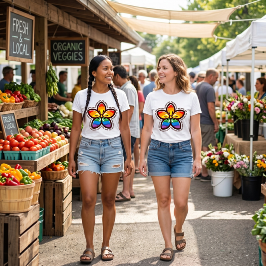 Indigenous-inspired floral design featuring rainbow Pride colours and the words Two-Spirit Love arranged around the flower symbolizing LGBTQ2S+ and Indigenous pride. Two-Spirit Love Shirt, Two-Spirit Pride Shirt, Indigenous Pride Apparel, LGBTQ2S+ Indigenous Clothing, Two-Spirit Floral Shirt, Rainbow Pride Tee, Ally-Friendly Apparel, Indigenous LGBTQ Shirt, Pride Clothing Canada, Two-Spirit Gift