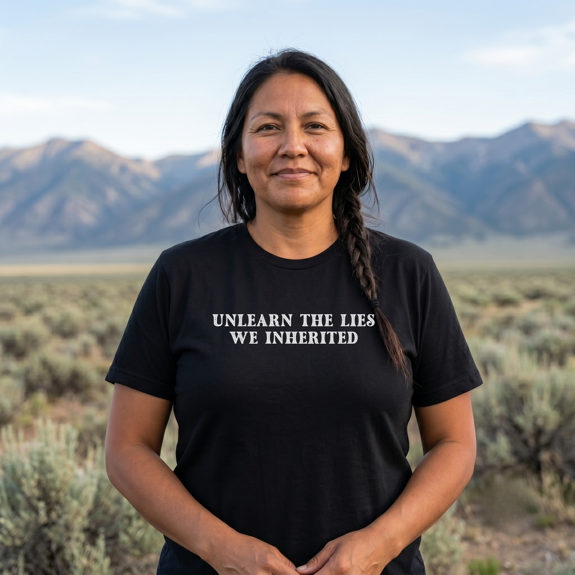 A woman with a dark braid stands outdoors in a desert landscape with mountains in the background, wearing a black t-shirt with the white printed text 'UNLEARN THE LIES WE INHERITED'.