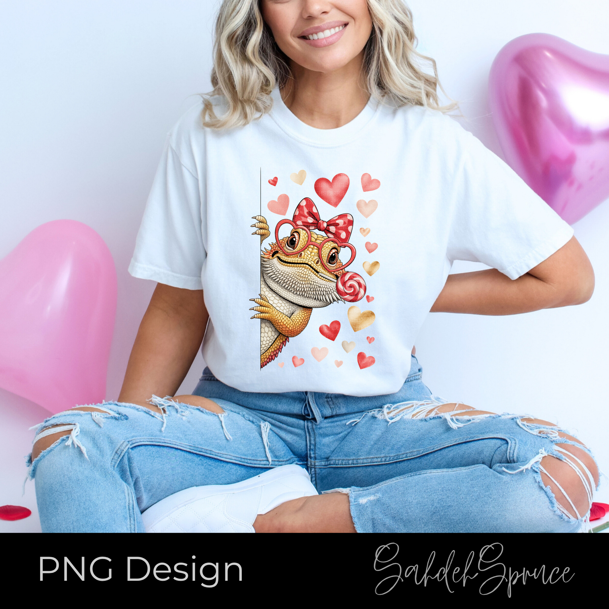 Valentine Bearded Dragon PNG with glasses and coquette bow