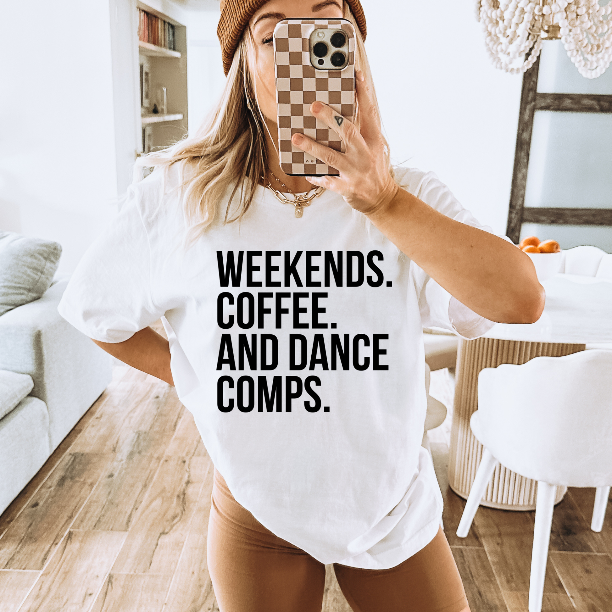 Weekends Coffee And Dance Comps unisex t-shirt featuring original playful graphic design celebrating coffee-fueled dance competition weekends on soft comfortable cotton tee, perfect for dancers and studio families.