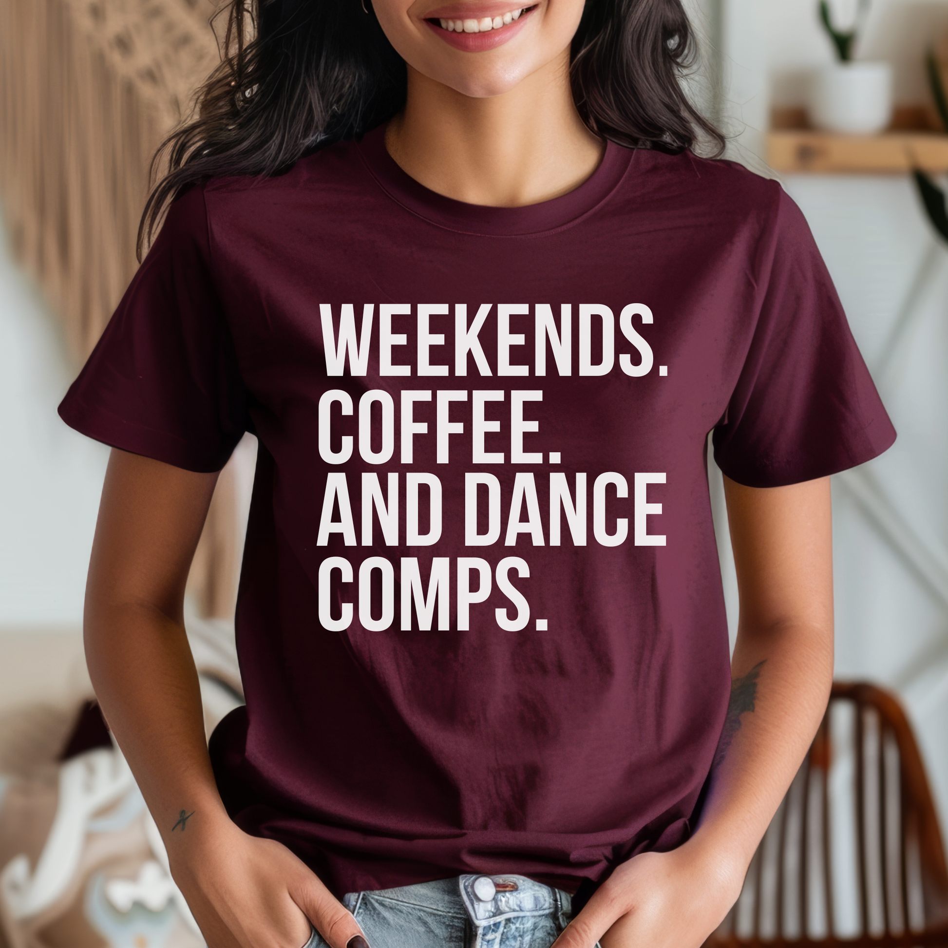 Weekends Coffee And Dance Comps unisex t-shirt featuring original playful graphic design celebrating coffee-fueled dance competition weekends on soft comfortable cotton tee, perfect for dancers and studio families.