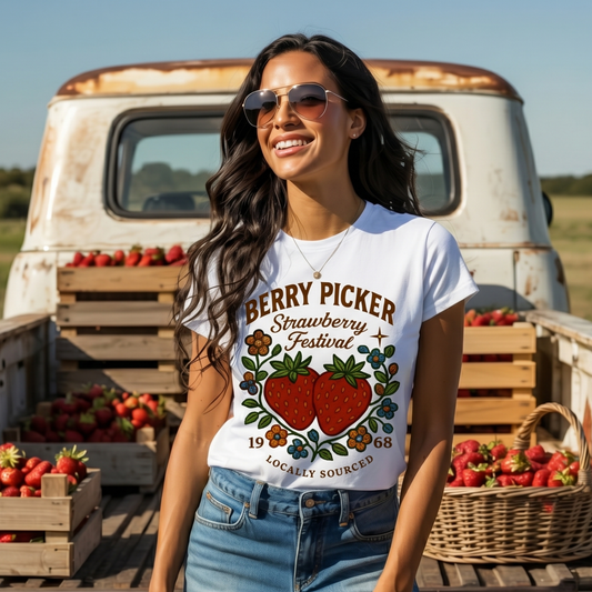 t-shirt featuring a vintage-inspired strawberry festival design with two red strawberries, colorful floral accents, and the text "Berry Picker Strawberry Festival Locally Sourced" berry picker shirt, strawberry festival shirt, strawberry graphic tee, locally sourced shirt, strawberry lover gift, berry picking apparel, cottagecore strawberry shirt, vintage fruit shirt, summer festival tee, farm fresh shirt, strawberry season clothing, farmers market outfit, botanical graphic shirt, retro strawberry design, b