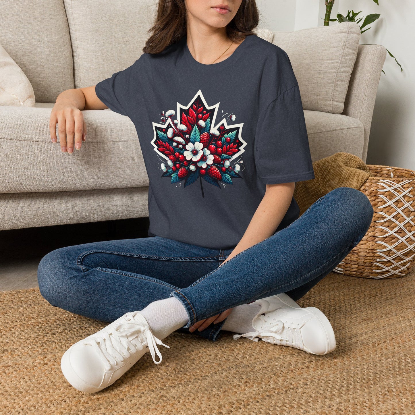 Red Canada Day shirt featuring a maple leaf filled with flowers, berries, and botanical elements inspired by Canada's natural beauty. Floral Canada Flag Shirt, Canada Day Shirt, Maple Leaf Floral Shirt, Canadian Pride Shirt, Made in Canada Apparel, Canada Graphic Tee, Botanical Maple Leaf Shirt, Berry Floral Shirt, Canadian Nature Shirt, Canada Day Clothing