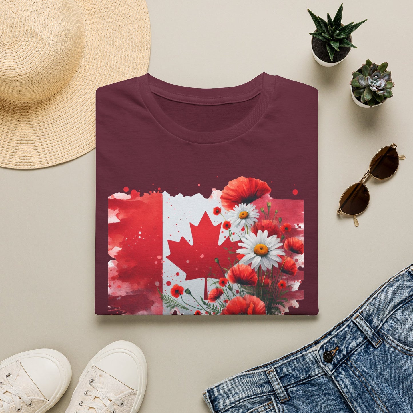 unisex t-shirt featuring a watercolor-style Canadian flag with a red maple leaf surrounded by vibrant red poppies and white daisies, creating a beautiful floral Canada Day design. Canada Day floral shirt, Canadian flag t-shirt, Canada Day graphic tee, patriotic Canada shirt, floral maple leaf shirt, Canadian pride apparel, Canada Day outfit, July 1 clothing, Canadian wildflower shirt, poppy Canada shirt, daisy flag tee, summer Canada shirt, Canadian patriotic clothing, Canada gift ideas, floral Canadian app