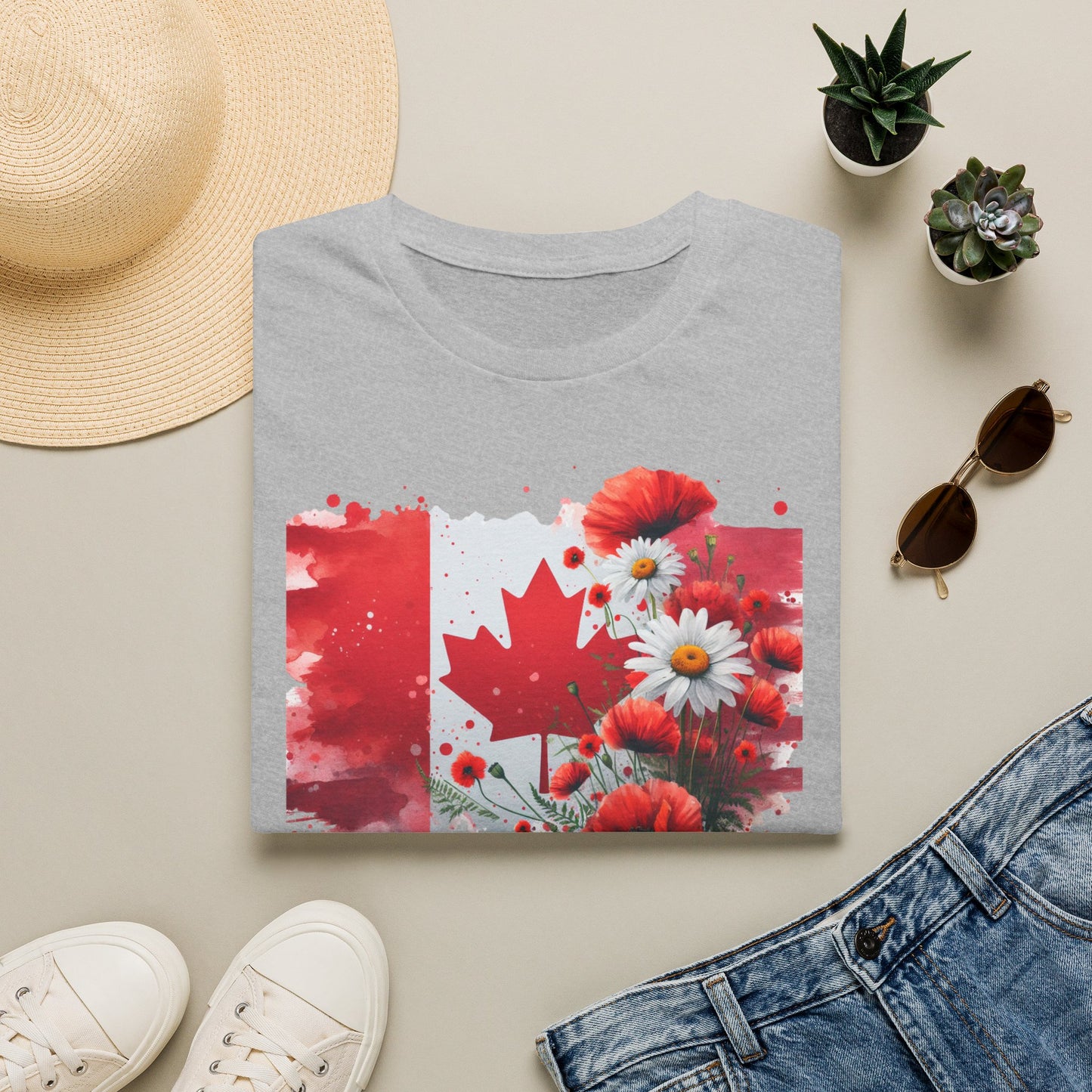 unisex t-shirt featuring a watercolor-style Canadian flag with a red maple leaf surrounded by vibrant red poppies and white daisies, creating a beautiful floral Canada Day design. Canada Day floral shirt, Canadian flag t-shirt, Canada Day graphic tee, patriotic Canada shirt, floral maple leaf shirt, Canadian pride apparel, Canada Day outfit, July 1 clothing, Canadian wildflower shirt, poppy Canada shirt, daisy flag tee, summer Canada shirt, Canadian patriotic clothing, Canada gift ideas, floral Canadian app
