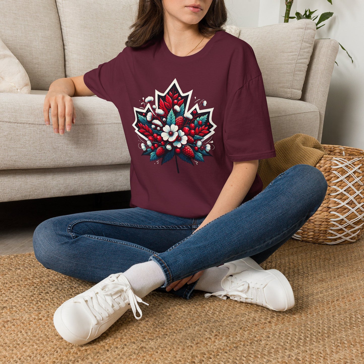 Red Canada Day shirt featuring a maple leaf filled with flowers, berries, and botanical elements inspired by Canada's natural beauty. Floral Canada Flag Shirt, Canada Day Shirt, Maple Leaf Floral Shirt, Canadian Pride Shirt, Made in Canada Apparel, Canada Graphic Tee, Botanical Maple Leaf Shirt, Berry Floral Shirt, Canadian Nature Shirt, Canada Day Clothing