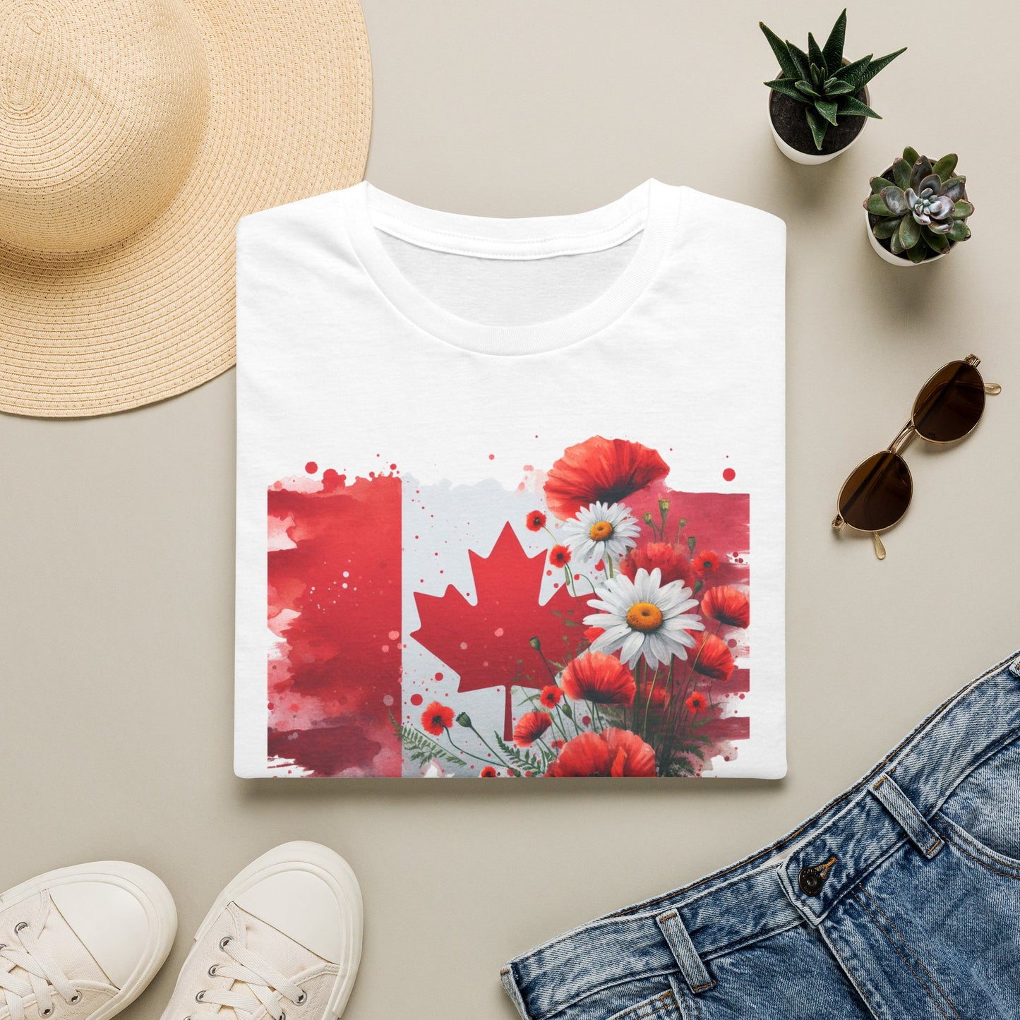 unisex t-shirt featuring a watercolor-style Canadian flag with a red maple leaf surrounded by vibrant red poppies and white daisies, creating a beautiful floral Canada Day design. Canada Day floral shirt, Canadian flag t-shirt, Canada Day graphic tee, patriotic Canada shirt, floral maple leaf shirt, Canadian pride apparel, Canada Day outfit, July 1 clothing, Canadian wildflower shirt, poppy Canada shirt, daisy flag tee, summer Canada shirt, Canadian patriotic clothing, Canada gift ideas, floral Canadian app