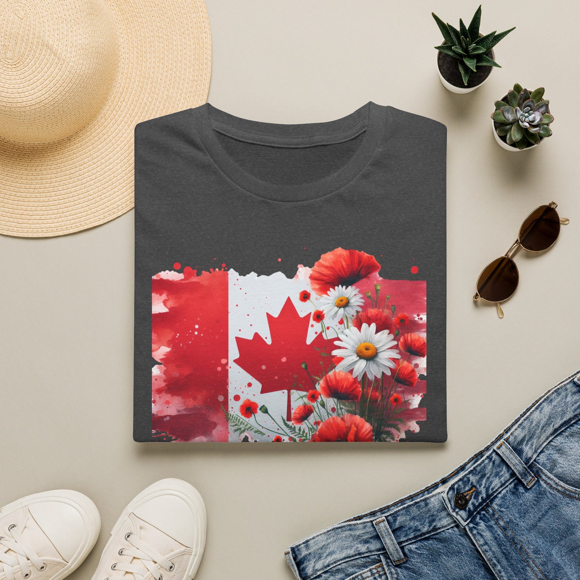 unisex t-shirt featuring a watercolor-style Canadian flag with a red maple leaf surrounded by vibrant red poppies and white daisies, creating a beautiful floral Canada Day design. Canada Day floral shirt, Canadian flag t-shirt, Canada Day graphic tee, patriotic Canada shirt, floral maple leaf shirt, Canadian pride apparel, Canada Day outfit, July 1 clothing, Canadian wildflower shirt, poppy Canada shirt, daisy flag tee, summer Canada shirt, Canadian patriotic clothing, Canada gift ideas, floral Canadian app