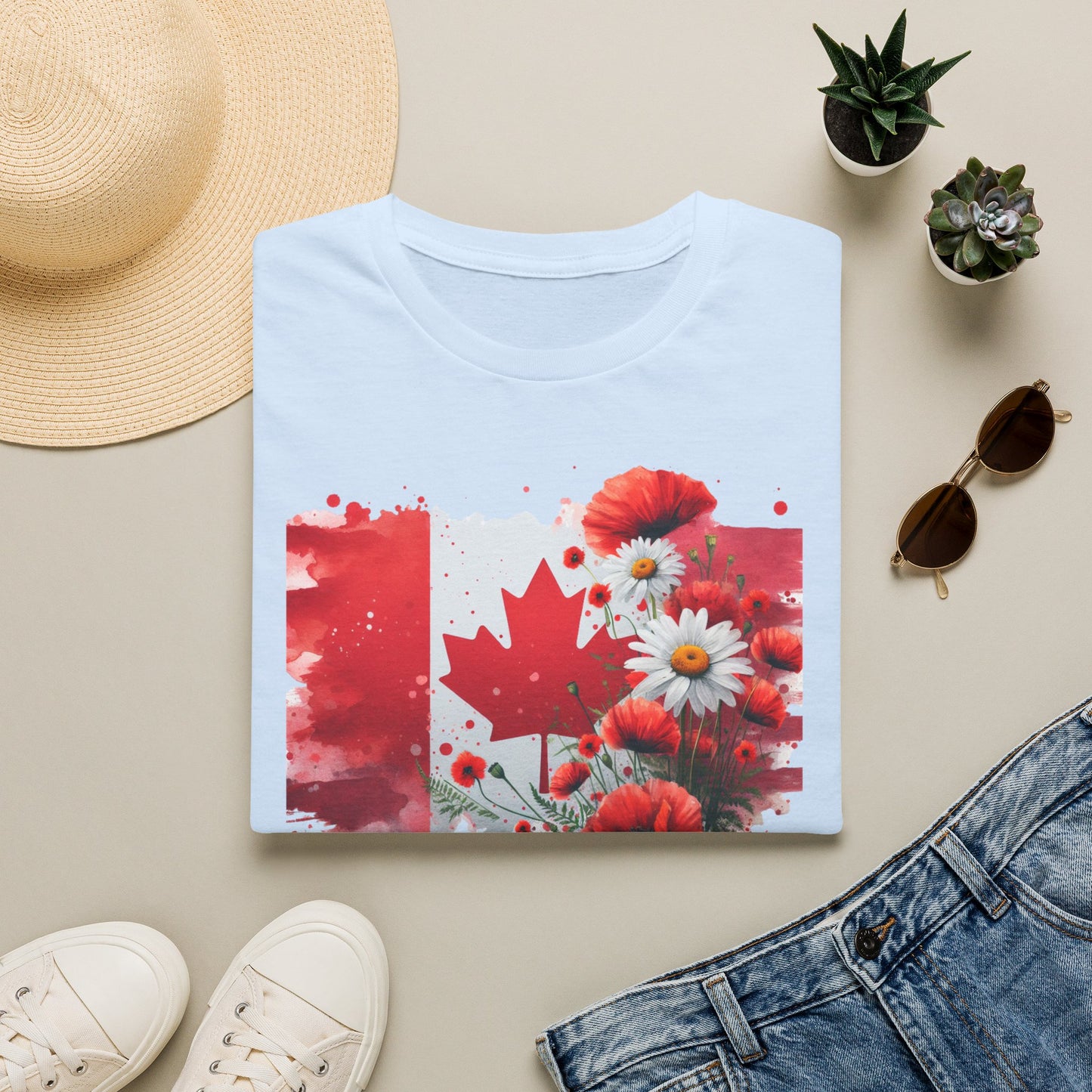 unisex t-shirt featuring a watercolor-style Canadian flag with a red maple leaf surrounded by vibrant red poppies and white daisies, creating a beautiful floral Canada Day design. Canada Day floral shirt, Canadian flag t-shirt, Canada Day graphic tee, patriotic Canada shirt, floral maple leaf shirt, Canadian pride apparel, Canada Day outfit, July 1 clothing, Canadian wildflower shirt, poppy Canada shirt, daisy flag tee, summer Canada shirt, Canadian patriotic clothing, Canada gift ideas, floral Canadian app