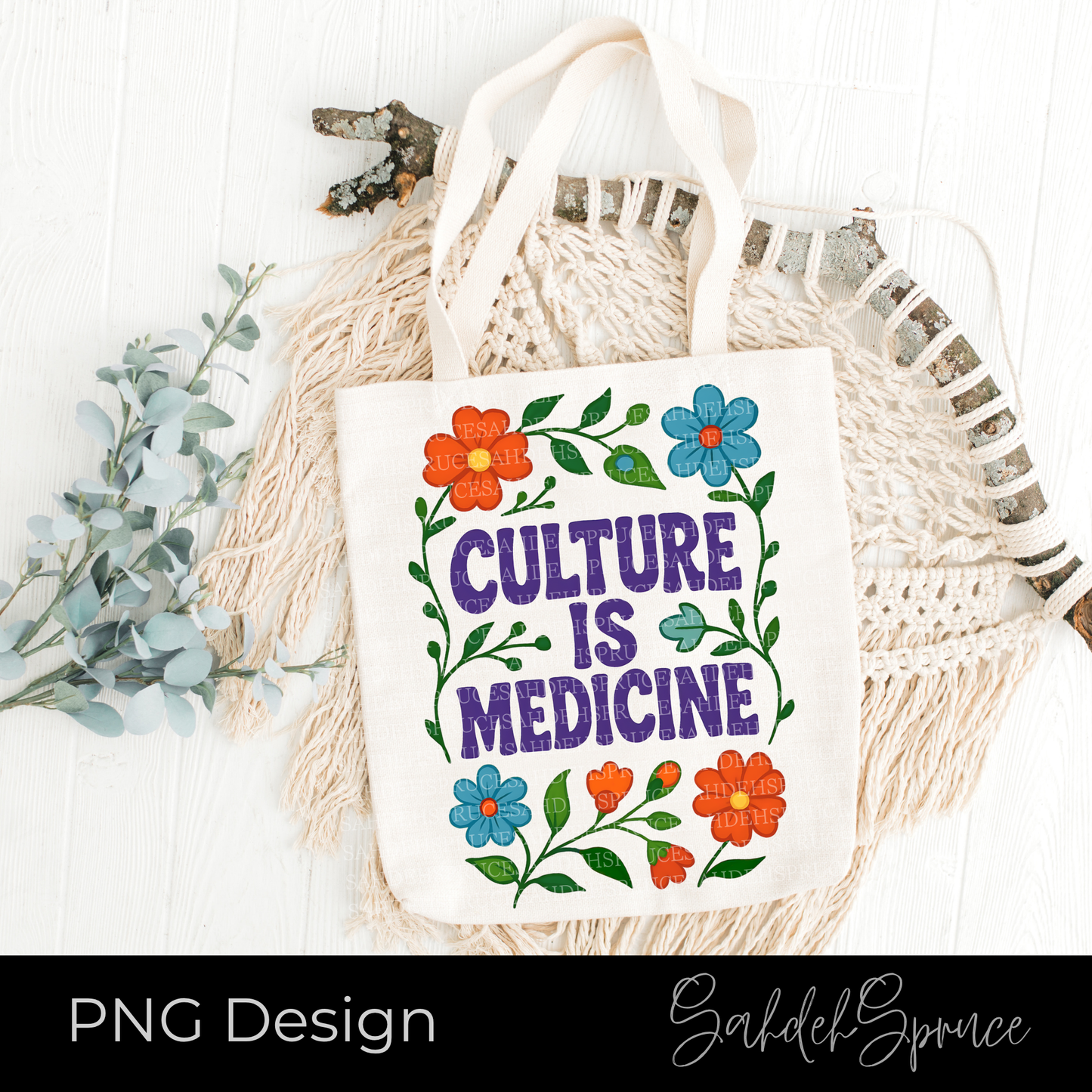 Culture Is Medicine PNG digital design featuring colorful floral artwork and bold purple lettering on a transparent background.
