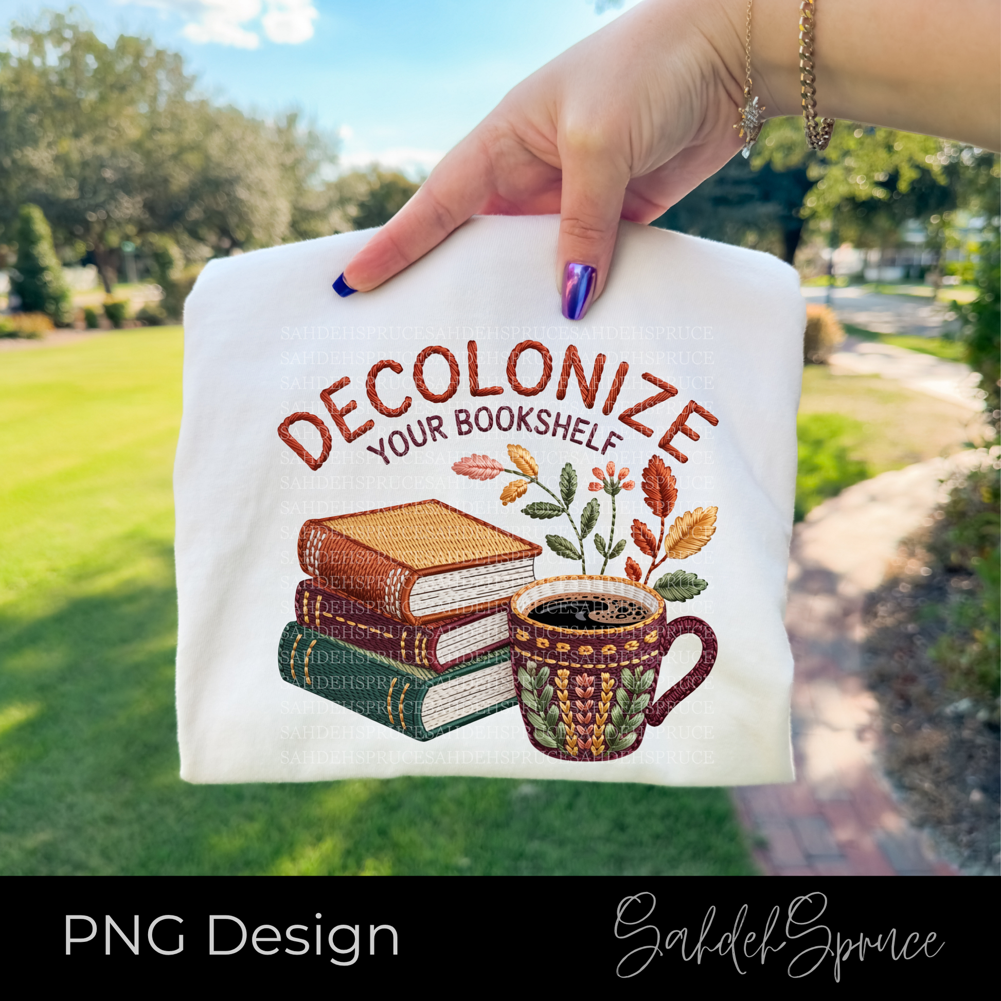 Decolonize Your Bookshelf PNG digital design featuring stacked books, a floral coffee mug, botanical accents, and embroidered-style lettering on a transparent background.