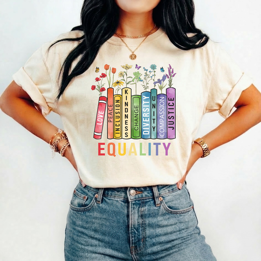 equality book shirt, equality bookstack tee, rainbow equality t-shirt, diversity inclusion kindness justice shirt, teacher equality shirt, librarian equality tee, book lover pride shirt, LGBTQ ally graphic tee, social justice rainbow shirt, inclusive classroom apparel