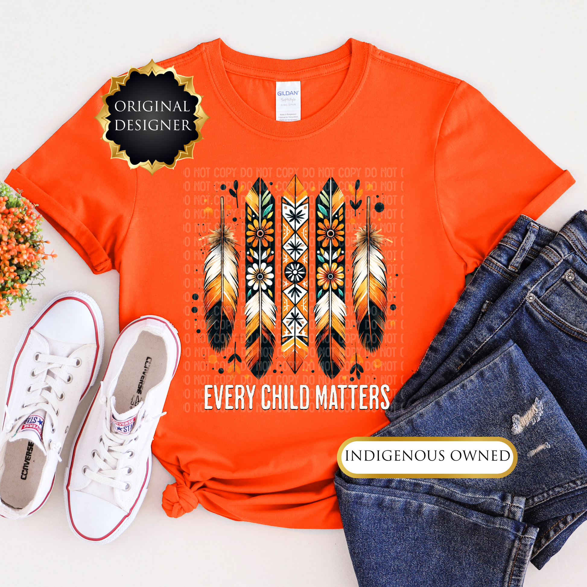 Orange t-shirt with a dreamcatcher design and 'Every Child Matters' text, paired with jeans and sneakers on a white background. Every Child Matters shirt, Orange Shirt Day, Indigenous awareness tee, reconciliation shirt, unisex graphic tee, remembrance shirt, Indigenous support, awareness apparel, statement tee, truth and reconciliation, Indigenous children, healing shirt, advocacy shirt, educational tee, Indigenous owned brand