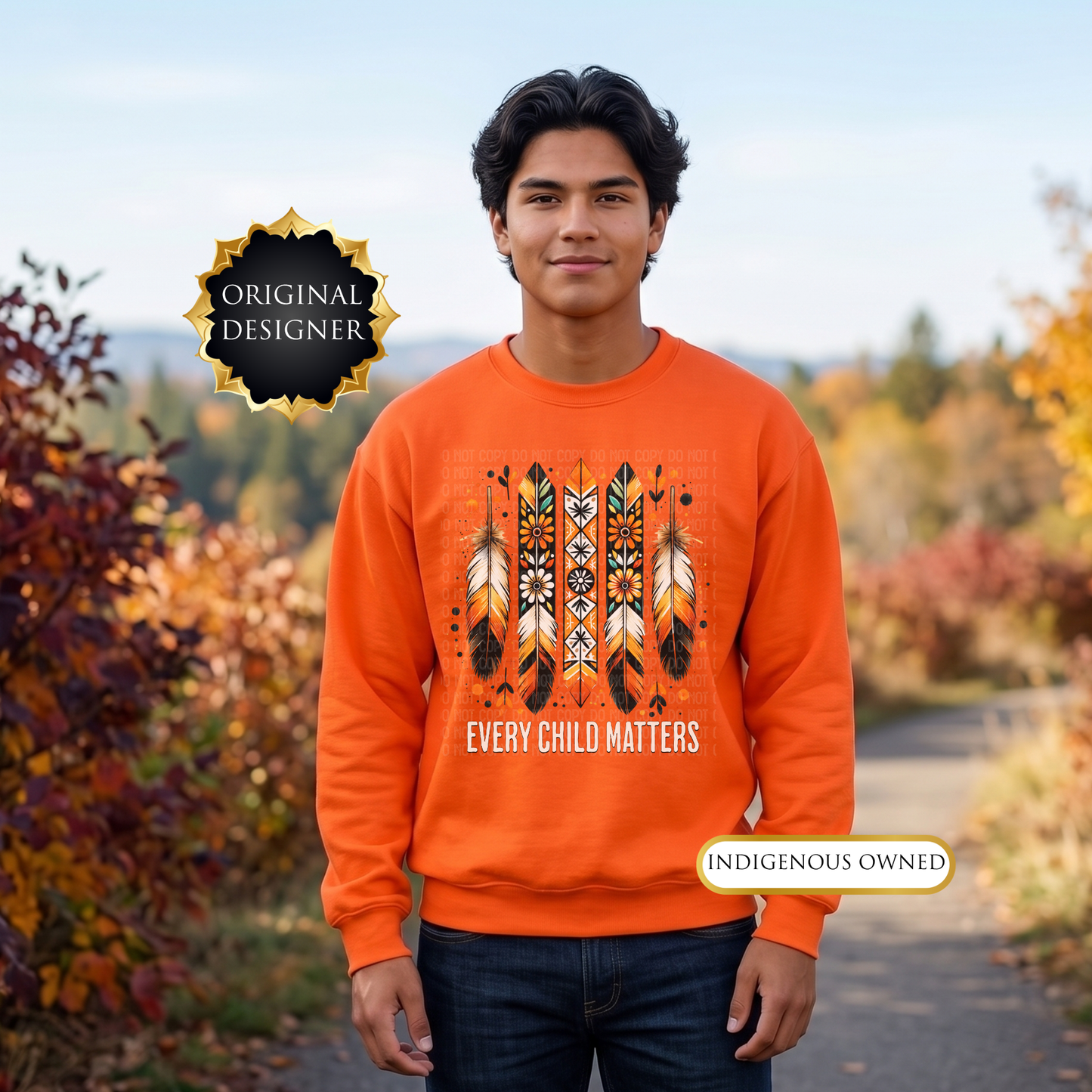 Person wearing an orange sweatshirt with a design and text in an outdoor setting. every child matters sweatshirt, adult crewneck sweatshirt, orange shirt day sweater, feathers sweatshirt, indigenous awareness sweater, truth and reconciliation sweater, every child matters crewneck, orange crewneck, meaningful sweatshirt, indigenous designed apparel, adult graphic sweatshirt, orange shirt society licensed, awareness sweater, remembrance shirt, indigenous owned business