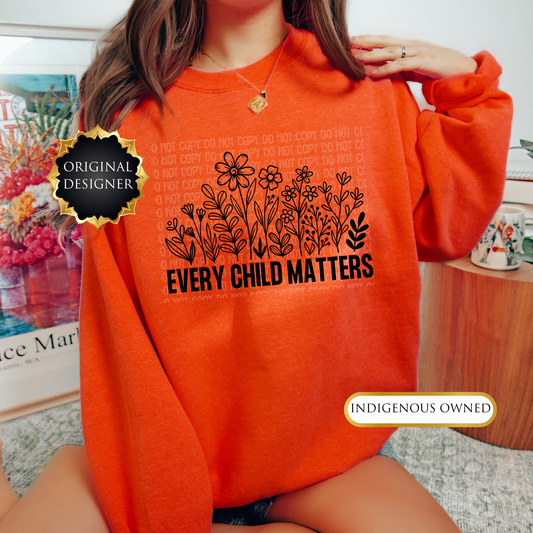 Person wearing an orange sweatshirt with 'Every Child Matters' design. every child matters sweatshirt, adult crewneck sweatshirt, orange shirt day sweater, wildflowers sweatshirt, indigenous awareness sweater, truth and reconciliation sweater, every child matters crewneck, orange crewneck, meaningful sweatshirt, indigenous designed apparel, adult graphic sweatshirt, orange shirt society licensed, awareness sweater, remembrance shirt, indigenous owned business