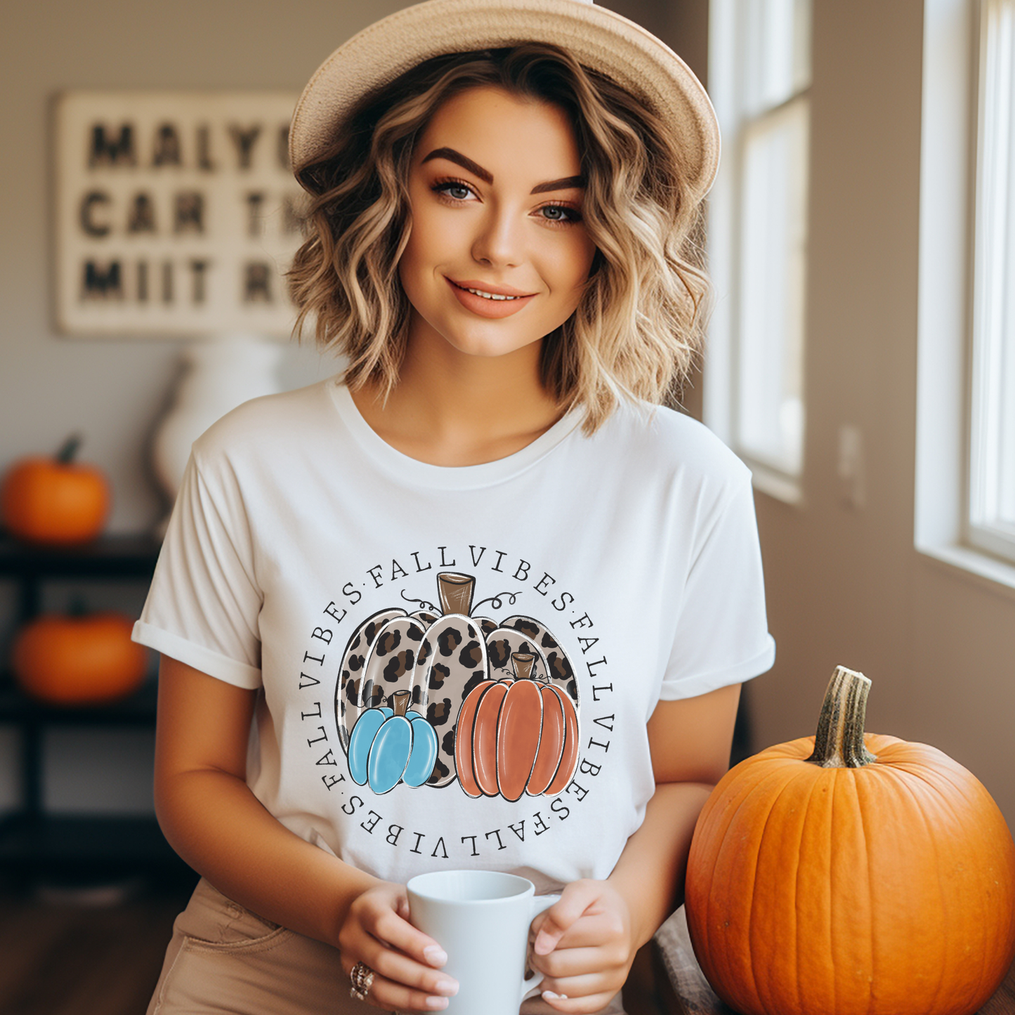 t-shirt featuring decorative pumpkins in autumn colors surrounded by circular "Fall Vibes" text, creating a cozy seasonal design perfect for fall lovers. fall vibes shirt, autumn pumpkin shirt, fall aesthetic t-shirt, pumpkin patch outfit, cozy autumn apparel, pumpkin lover tee, fall festival shirt, thanksgiving clothing, sweater weather shirt, autumn graphic tee, rustic fall fashion, pumpkin spice season apparel, cute fall shirt, fall lover gift, cozy season clothing