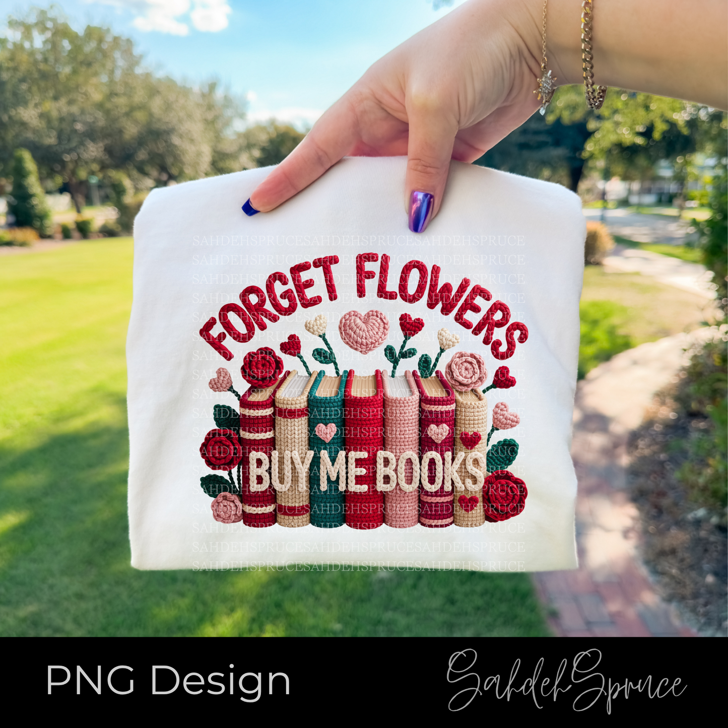 Crocheted books with flowers and text 'FORGET FLOWERS BUY ME BOOKS' on a white background. forget flowers buy me books png, faux crochet book png, book lover digital download, crochet style graphic png, bookish sublimation png, reader gift png file, bookstagram png design, crochet typography png, instant download book graphic, bibliophile craft png, yarn lettering digital file, book club png printable