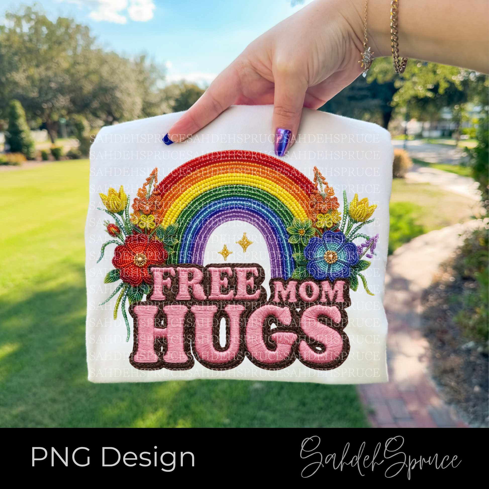 Free Mom Hugs digital PNG design featuring colorful rainbow artwork, Indigenous-inspired beaded florals, and pink faux embroidered lettering on a transparent background.