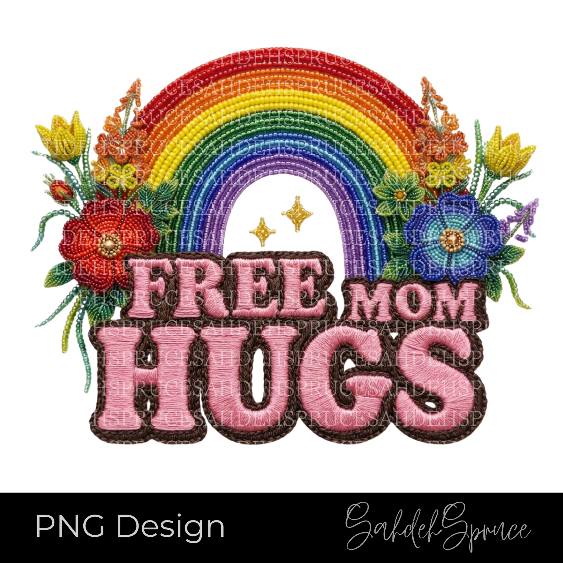 Free Mom Hugs digital PNG design featuring colorful rainbow artwork, Indigenous-inspired beaded florals, and pink faux embroidered lettering on a transparent background.