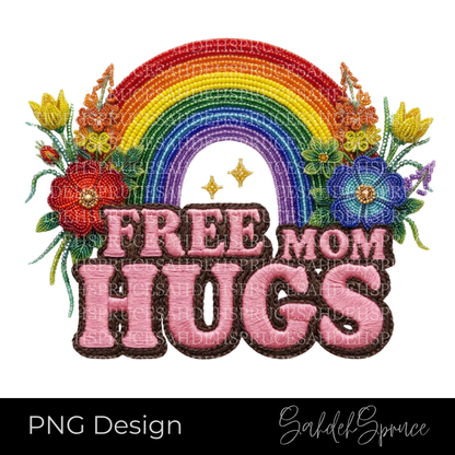 Free Mom Hugs digital PNG design featuring colorful rainbow artwork, Indigenous-inspired beaded florals, and pink faux embroidered lettering on a transparent background.