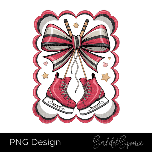 Red hockey skates with a large bow and decorative elements on a white background. hockey coquette png, hockey bow png, hockey skates clipart, cute hockey png, coquette aesthetic png, girly hockey design, hockey mom png, pink skates png, game day graphic, sports clipart digital download, hockey sublimation design, ice skates png, coquette bow graphic, hockey girl png, printable hockey art