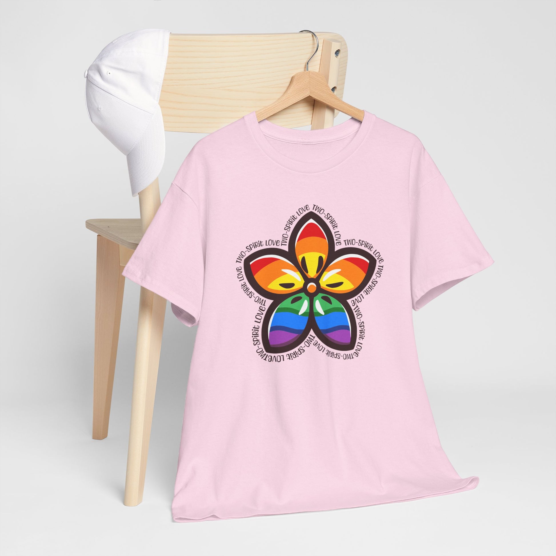 Indigenous-inspired floral design featuring rainbow Pride colours and the words Two-Spirit Love arranged around the flower symbolizing LGBTQ2S+ and Indigenous pride. Two-Spirit Love Shirt, Two-Spirit Pride Shirt, Indigenous Pride Apparel, LGBTQ2S+ Indigenous Clothing, Two-Spirit Floral Shirt, Rainbow Pride Tee, Ally-Friendly Apparel, Indigenous LGBTQ Shirt, Pride Clothing Canada, Two-Spirit Gift