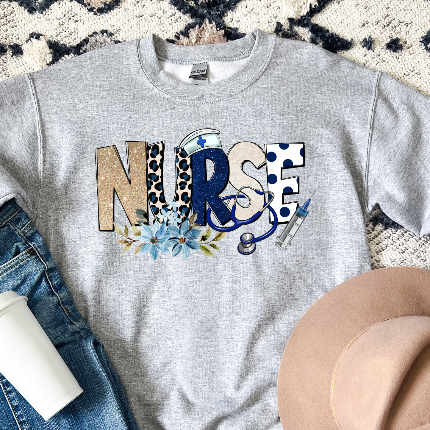 Cozy floral nurse crewneck sweatshirt featuring a stethoscope design. Perfect gift for nurses, RN, LPN, CNA, and nursing students. Ideal for Nurse Appreciation Week.
