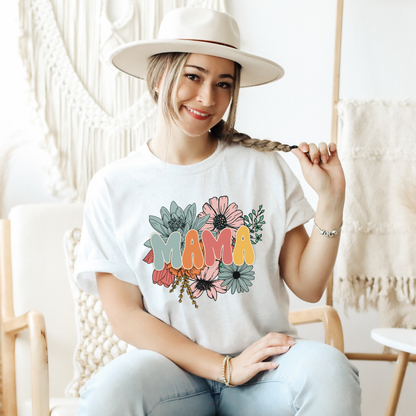 mama floral shirt, floral mama tee, mama graphic t-shirt, feminine floral shirt for moms, mother's day floral tee, new mom floral shirt, casual mama t-shirt, floral mom shirt, motherhood graphic tee, women's floral graphic shirt