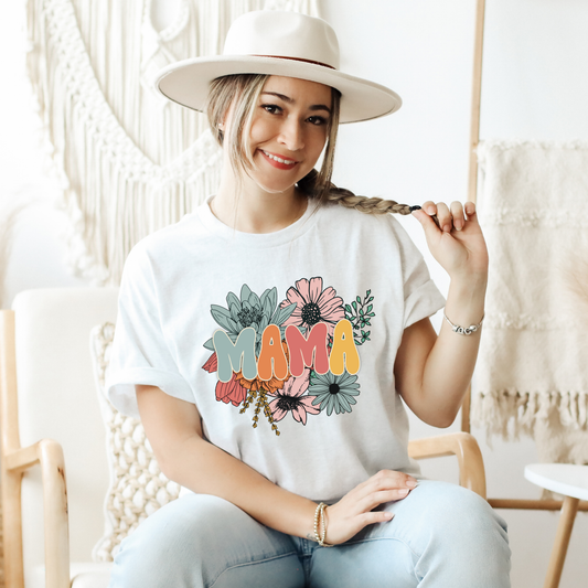 mama floral shirt, floral mama tee, mama graphic t-shirt, feminine floral shirt for moms, mother's day floral tee, new mom floral shirt, casual mama t-shirt, floral mom shirt, motherhood graphic tee, women's floral graphic shirt