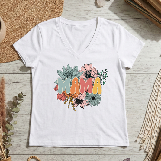  mama floral vneck shirt, floral mama tee, mama graphic t-shirt, feminine floral shirt for moms, mother's day floral tee, new mom floral shirt, casual mama t-shirt, floral mom shirt, motherhood graphic tee, women's floral graphic shirt