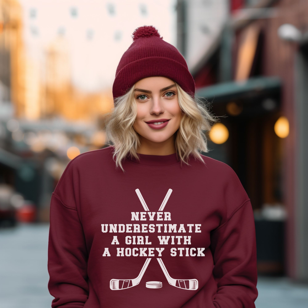A woman wearing a burgundy beanie and matching burgundy sweatshirt with a white hockey graphic and the text 'NEVER UNDERESTIMATE A GIRL WITH A HOCKEY STICK' stands against a blurred city street background.
