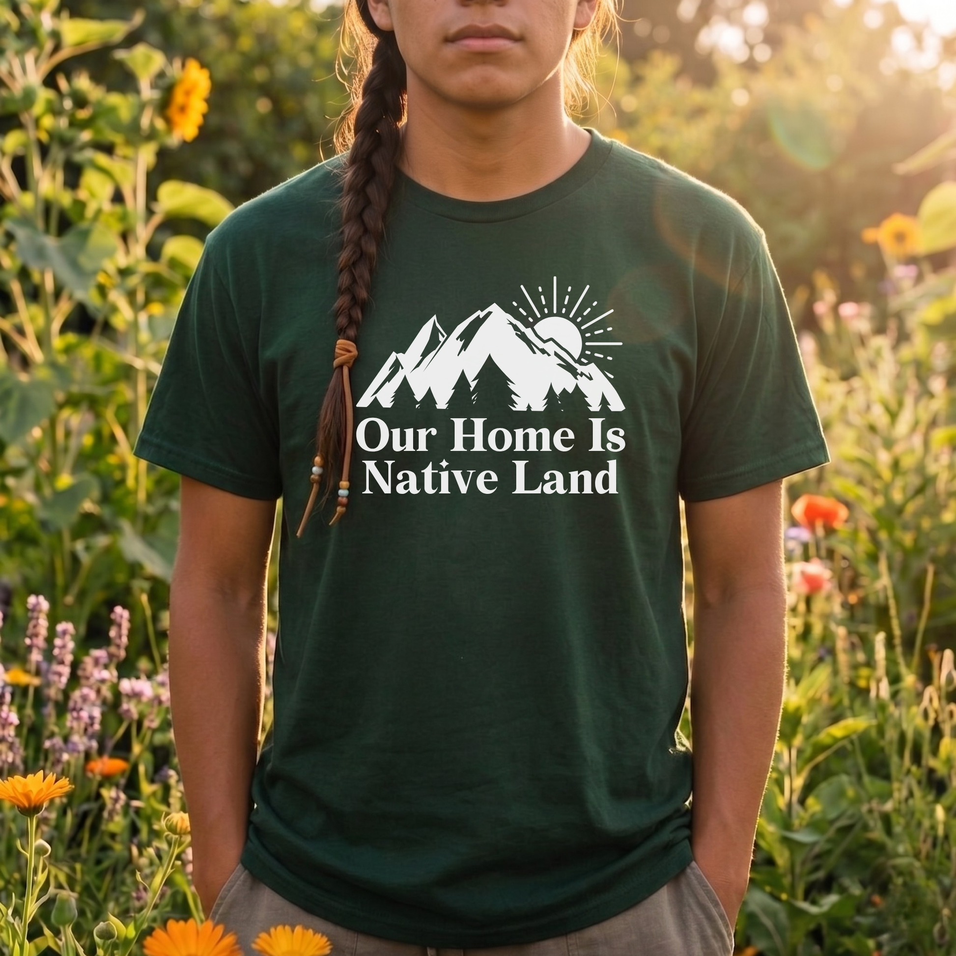 Our Home Is Native Land shirt with white mountain and sunrise graphic on a unisex t-shirt. our home is native land shirt, indigenous pride tee, native pride shirt, indigenous apparel, unisex graphic tee, land acknowledgment shirt, indigenous awareness shirt, statement tee, mountain sunrise shirt, everyday wear shirt, community event shirt, indigenous clothing, native land shirt, meaningful graphic tee, cultural pride shirt