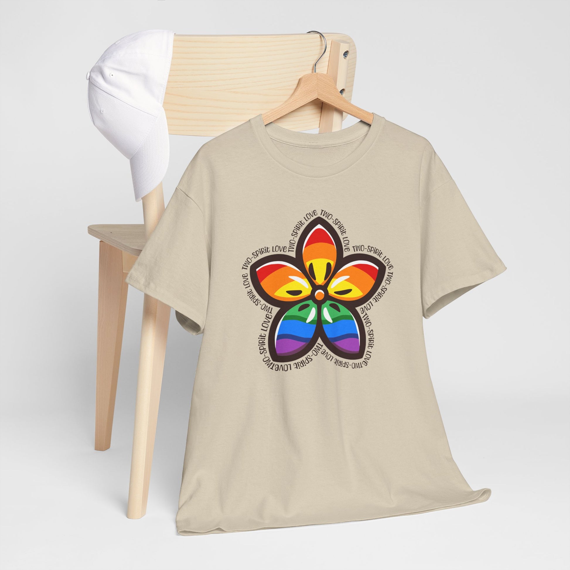 Indigenous-inspired floral design featuring rainbow Pride colours and the words Two-Spirit Love arranged around the flower symbolizing LGBTQ2S+ and Indigenous pride. Two-Spirit Love Shirt, Two-Spirit Pride Shirt, Indigenous Pride Apparel, LGBTQ2S+ Indigenous Clothing, Two-Spirit Floral Shirt, Rainbow Pride Tee, Ally-Friendly Apparel, Indigenous LGBTQ Shirt, Pride Clothing Canada, Two-Spirit Gift