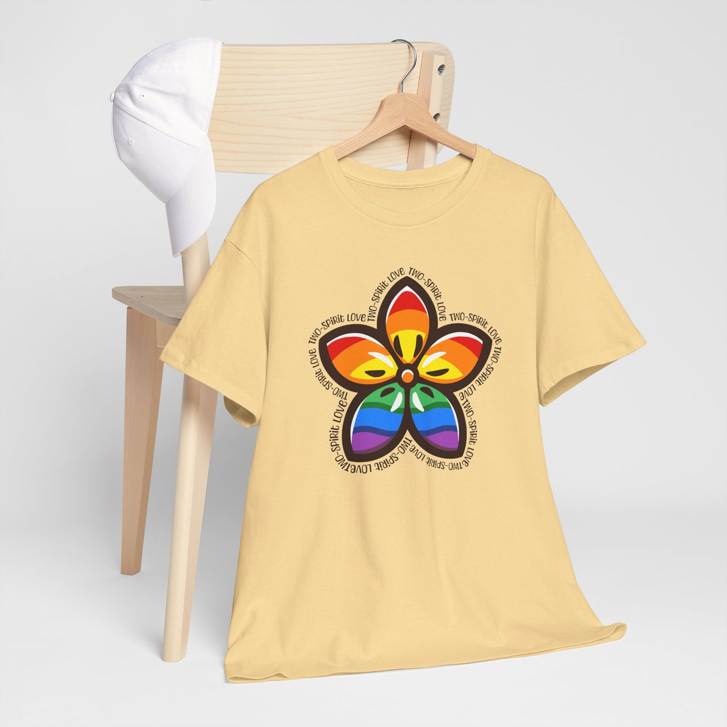 Indigenous-inspired floral design featuring rainbow Pride colours and the words Two-Spirit Love arranged around the flower symbolizing LGBTQ2S+ and Indigenous pride. Two-Spirit Love Shirt, Two-Spirit Pride Shirt, Indigenous Pride Apparel, LGBTQ2S+ Indigenous Clothing, Two-Spirit Floral Shirt, Rainbow Pride Tee, Ally-Friendly Apparel, Indigenous LGBTQ Shirt, Pride Clothing Canada, Two-Spirit Gift