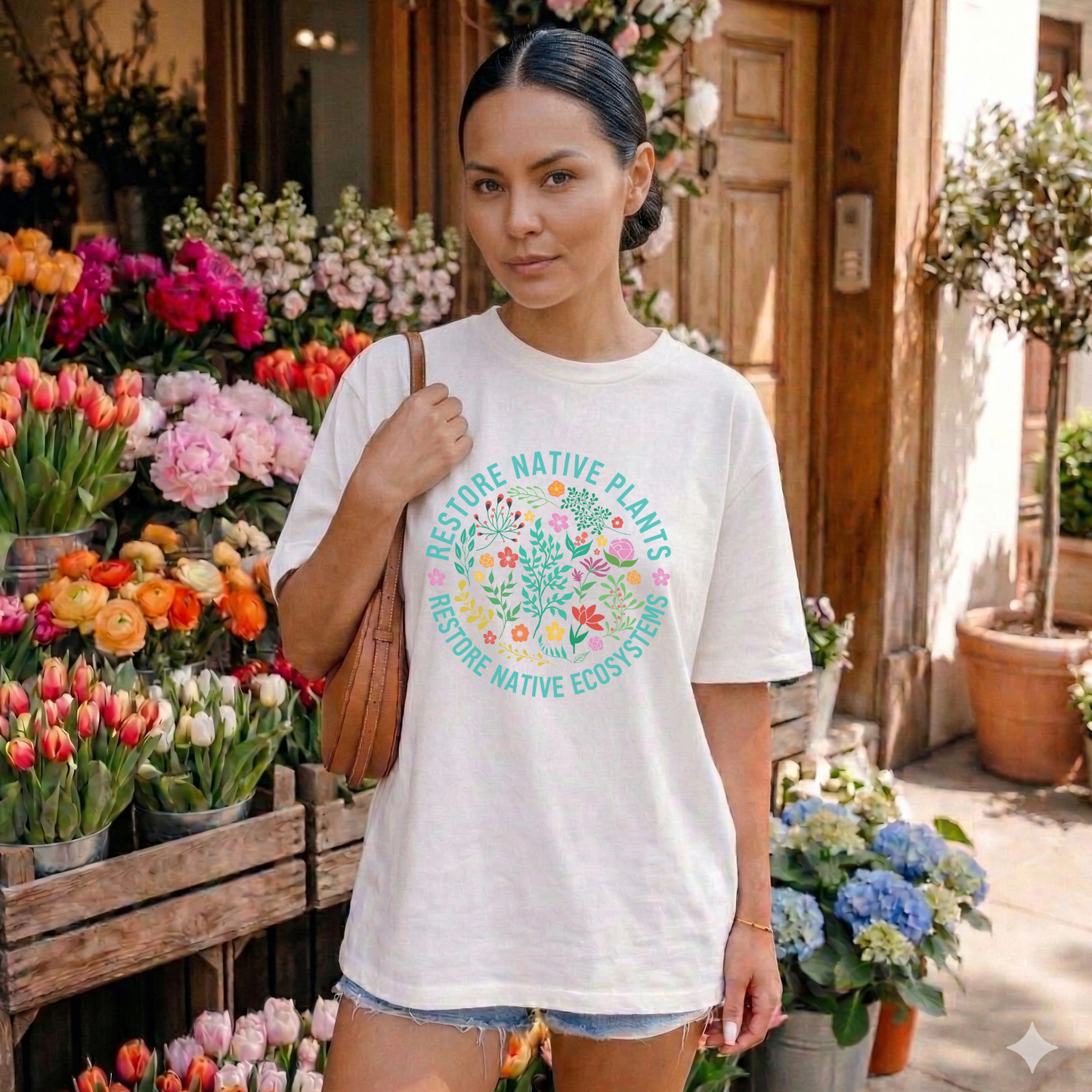 Woman wearing a white t-shirt with a colorful graphic and text, standing in front of a flower shop. restore native plants shirt, native plants tee, indigenous plant shirt, land restoration shirt, plant lover tee, environmental advocacy shirt, native plant lover shirt, nature graphic tee, unisex plant shirt, eco friendly apparel, indigenous inspired shirt, stewardship t shirt