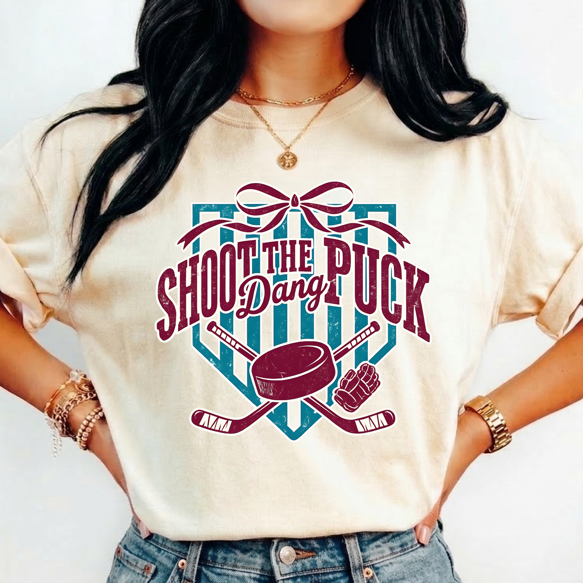 shoot the puck shirt, hockey graphic tee, coquette hockey shirt, hockey bow shirt, trendy hockey shirt, hockey mom shirt, hockey fan shirt, cute hockey shirt, aesthetic hockey tee, hockey sticks shirt, puck shirt, game day hockey outfit, sporty chic shirt, womens hockey shirt, unisex hockey tee