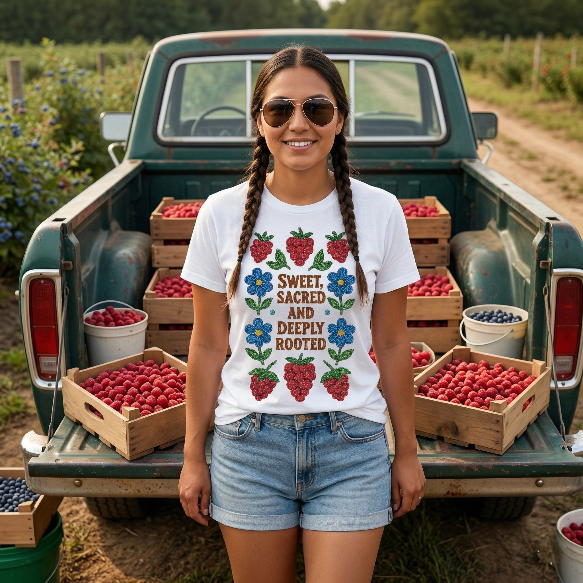 Unisex Sweet Sacred Deeply Rooted shirt featuring original Indigenous beaded floral and berry design with intricate beadwork patterns, vibrant pink berries, and delicate flowers on soft heather fabric, modeled outdoors celebrating cultural heritage.