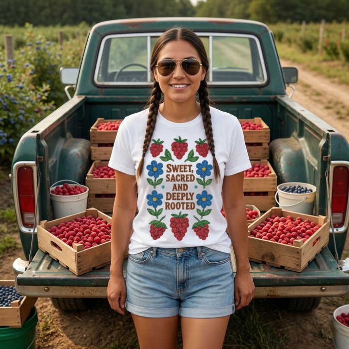 Unisex Sweet Sacred Deeply Rooted shirt featuring original Indigenous beaded floral and berry design with intricate beadwork patterns, vibrant pink berries, and delicate flowers on soft heather fabric, modeled outdoors celebrating cultural heritage.