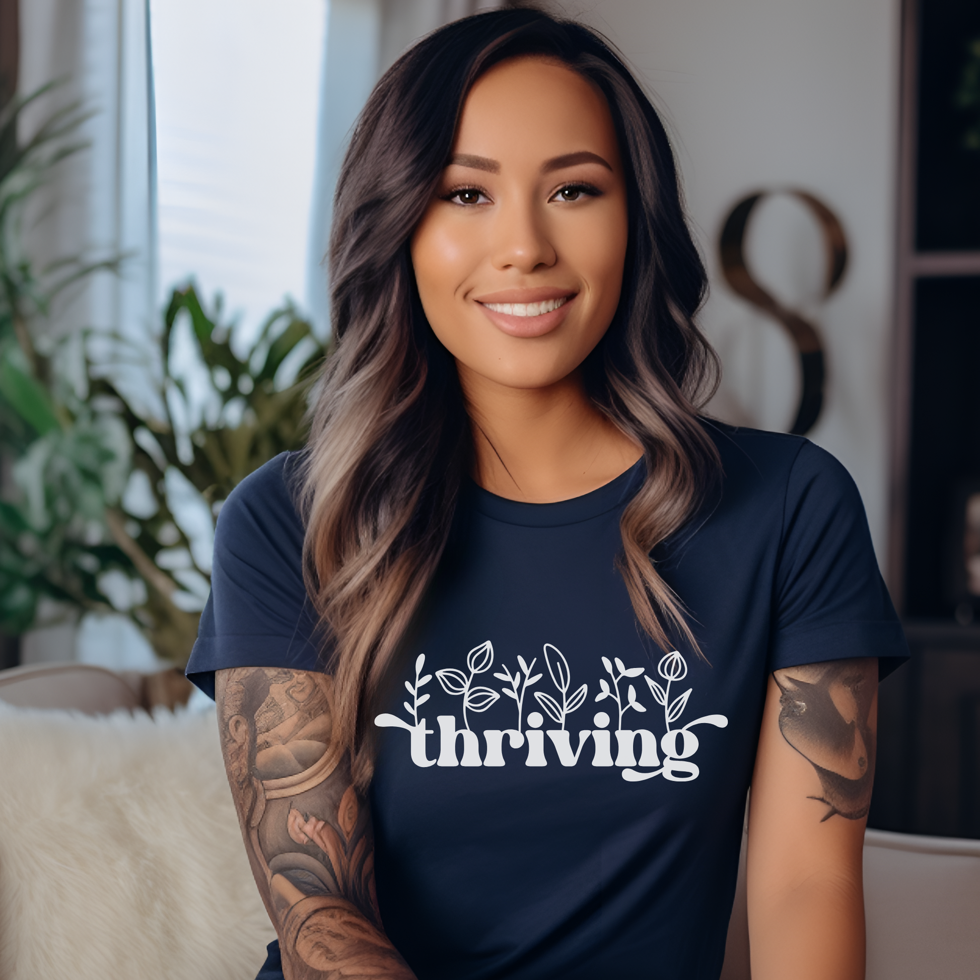 thriving shirt, floral graphic tee, positive affirmation shirt, inspirational shirt, motivational tee, unisex graphic tee, botanical shirt, empowering apparel, everyday wear shirt, confidence shirt, uplifting gift, statement shirt, positive mindset tee, floral typography shirt, casual inspirational tee