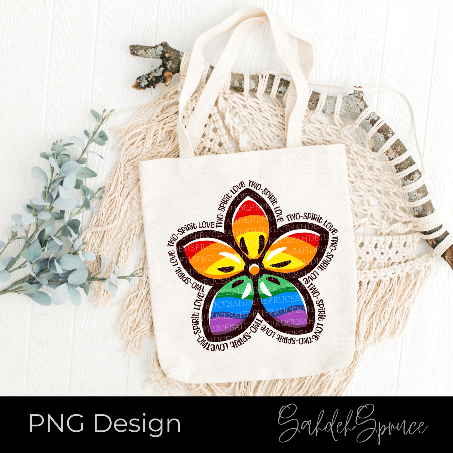 Indigenous-inspired floral design with rainbow Pride colours and Two-Spirit Love text arranged around the flower for LGBTQ2S+ and Indigenous Pride crafting projects