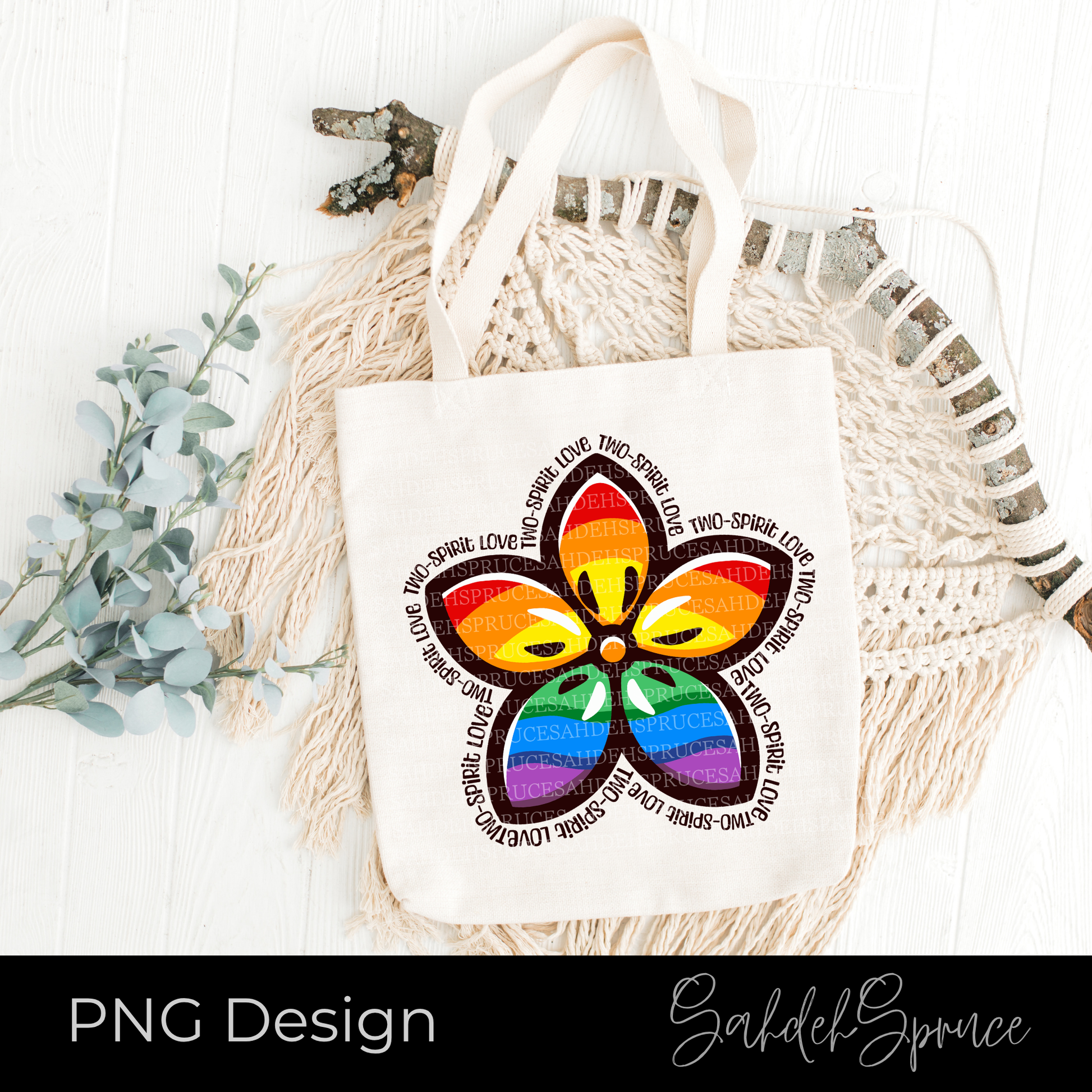 Indigenous-inspired floral design with rainbow Pride colours and Two-Spirit Love text arranged around the flower for LGBTQ2S+ and Indigenous Pride crafting projects