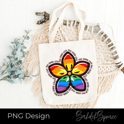 Indigenous-inspired floral design with rainbow Pride colours and Two-Spirit Love text arranged around the flower for LGBTQ2S+ and Indigenous Pride crafting projects