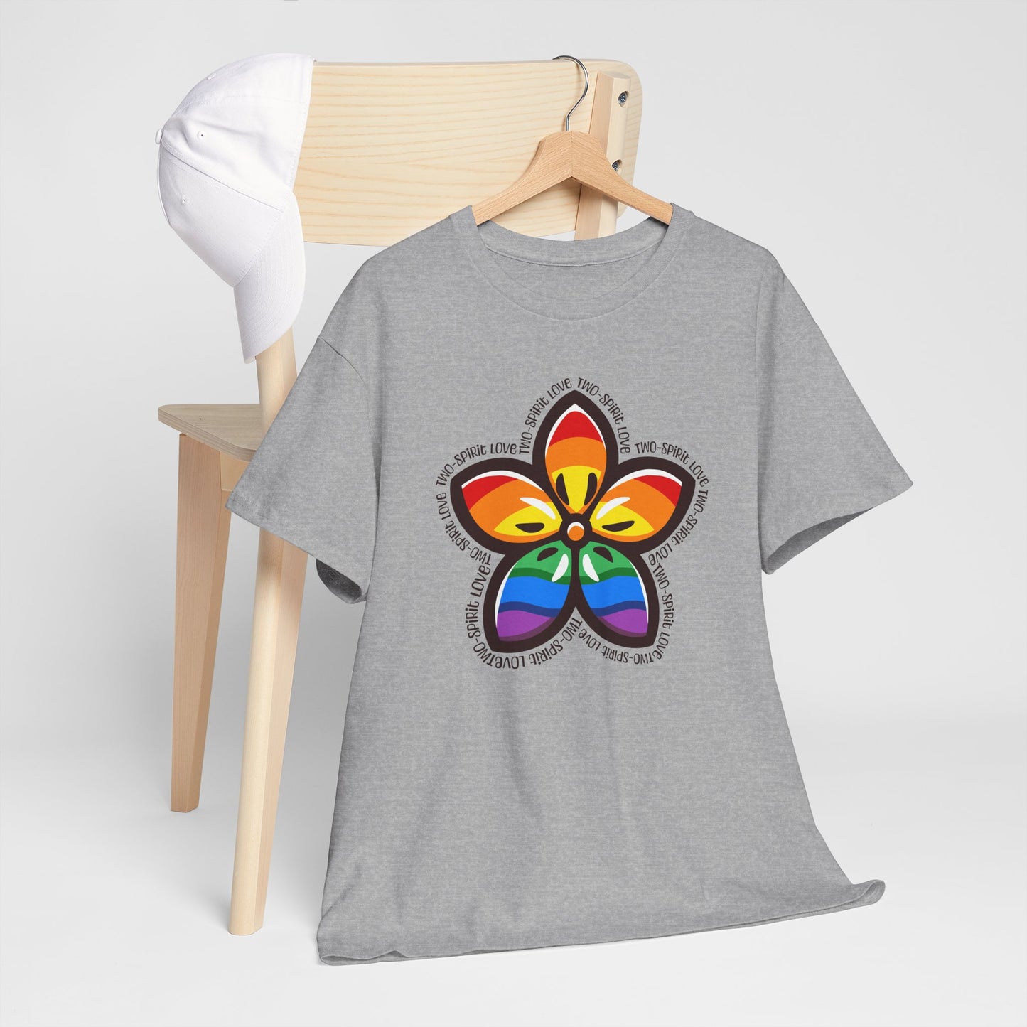 Indigenous-inspired floral design featuring rainbow Pride colours and the words Two-Spirit Love arranged around the flower symbolizing LGBTQ2S+ and Indigenous pride. Two-Spirit Love Shirt, Two-Spirit Pride Shirt, Indigenous Pride Apparel, LGBTQ2S+ Indigenous Clothing, Two-Spirit Floral Shirt, Rainbow Pride Tee, Ally-Friendly Apparel, Indigenous LGBTQ Shirt, Pride Clothing Canada, Two-Spirit Gift