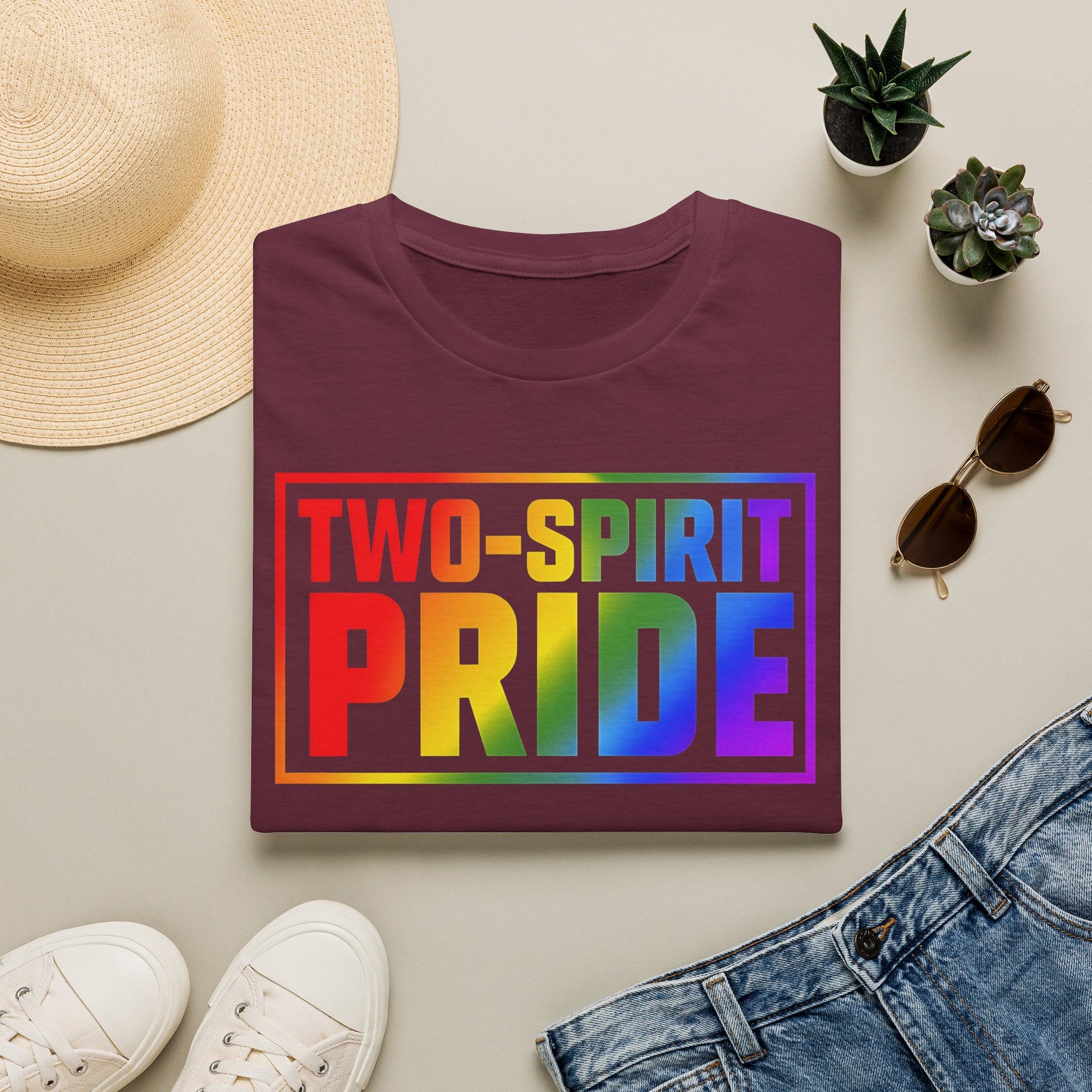 Two-Spirit Pride graphic featuring rainbow lettering and pride colours on a unisex shirt promoting LGBTQ2S+ and Indigenous visibility. Two-Spirit Pride Shirt, Two-Spirit Apparel, LGBTQ2S+ Indigenous Clothing, Indigenous Pride Shirt, Rainbow Pride Tee, Ally Friendly Pride Shirt, Two-Spirit Gift, Indigenous LGBTQ Apparel, Pride Clothing Canada, Inclusive Apparel